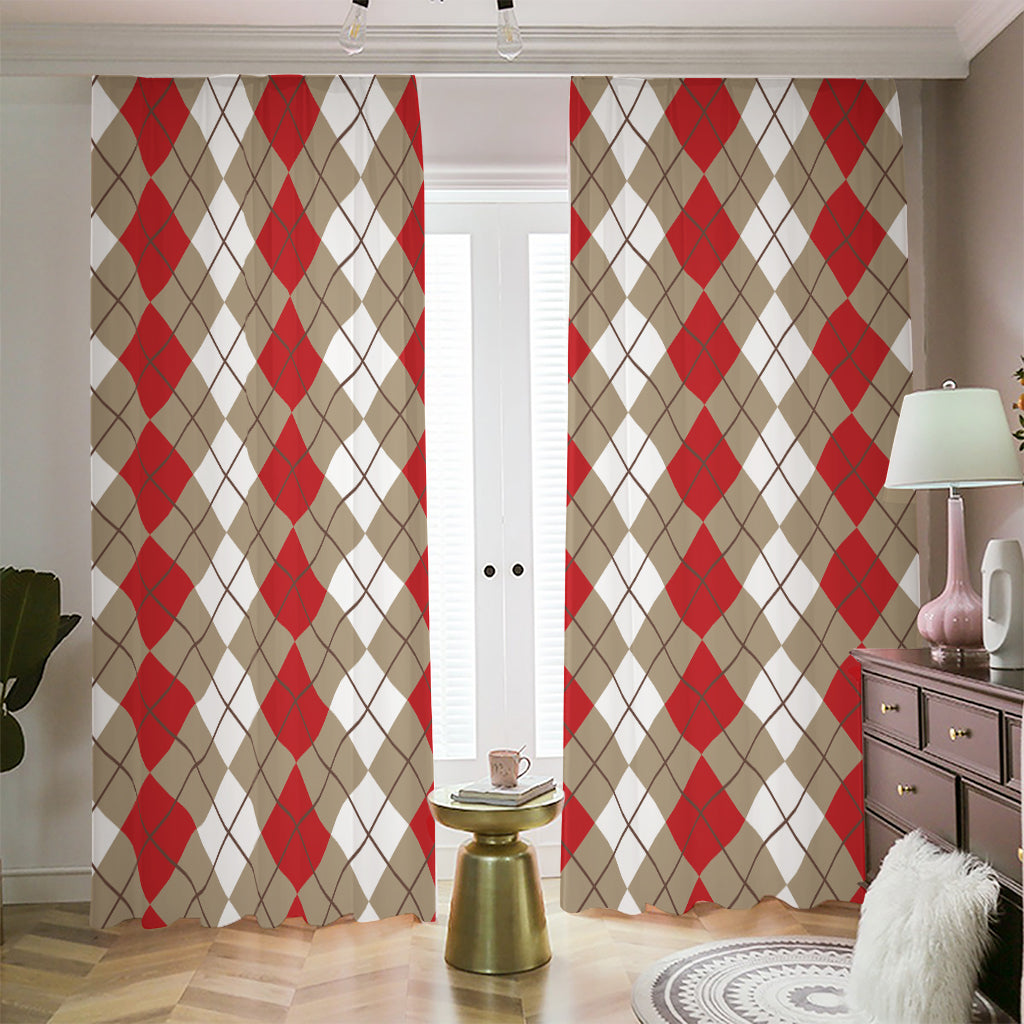 Red Beige And White Argyle Pattern Print Blackout Pencil Pleat Curtains