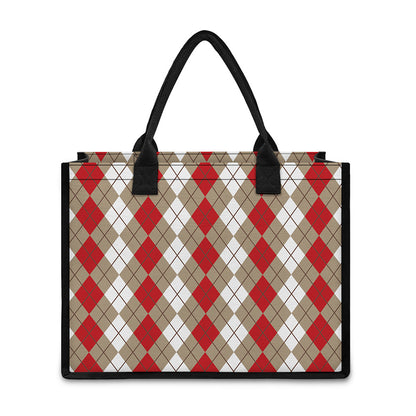 Red Beige And White Argyle Pattern Print Canvas Tote Bag