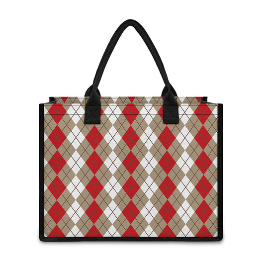 Red Beige And White Argyle Pattern Print Canvas Tote Bag