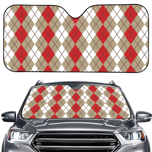 Red Beige And White Argyle Pattern Print Car Windshield Sun Shade