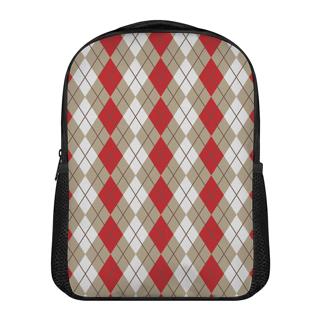 Red Beige And White Argyle Pattern Print Casual Backpack