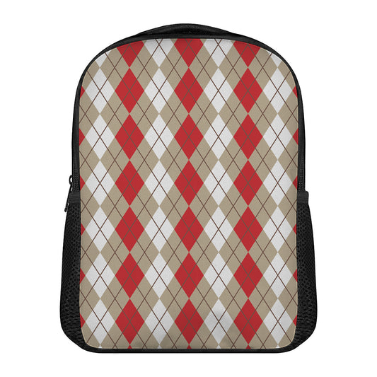 Red Beige And White Argyle Pattern Print Casual Backpack