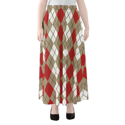 Red Beige And White Argyle Pattern Print Chiffon Maxi Skirt