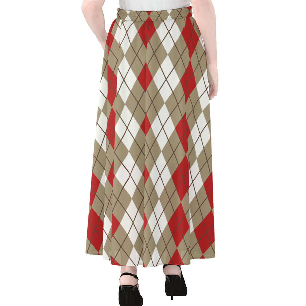 Red Beige And White Argyle Pattern Print Chiffon Maxi Skirt