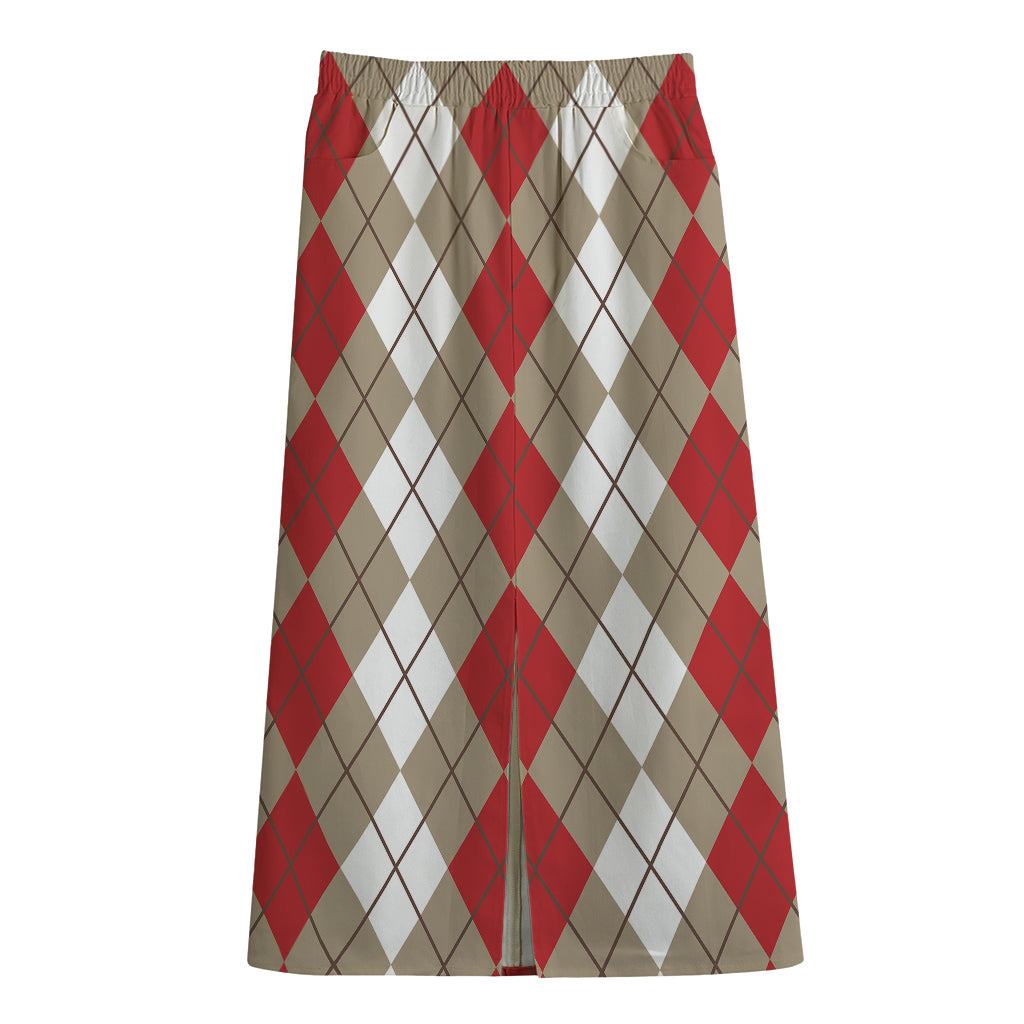 Red Beige And White Argyle Pattern Print Cotton Front Slit Maxi Skirt