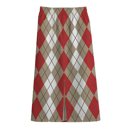 Red Beige And White Argyle Pattern Print Cotton Front Slit Maxi Skirt