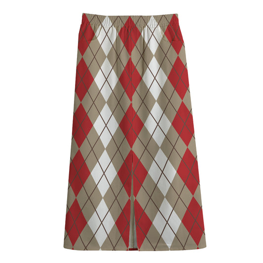 Red Beige And White Argyle Pattern Print Cotton Front Slit Maxi Skirt