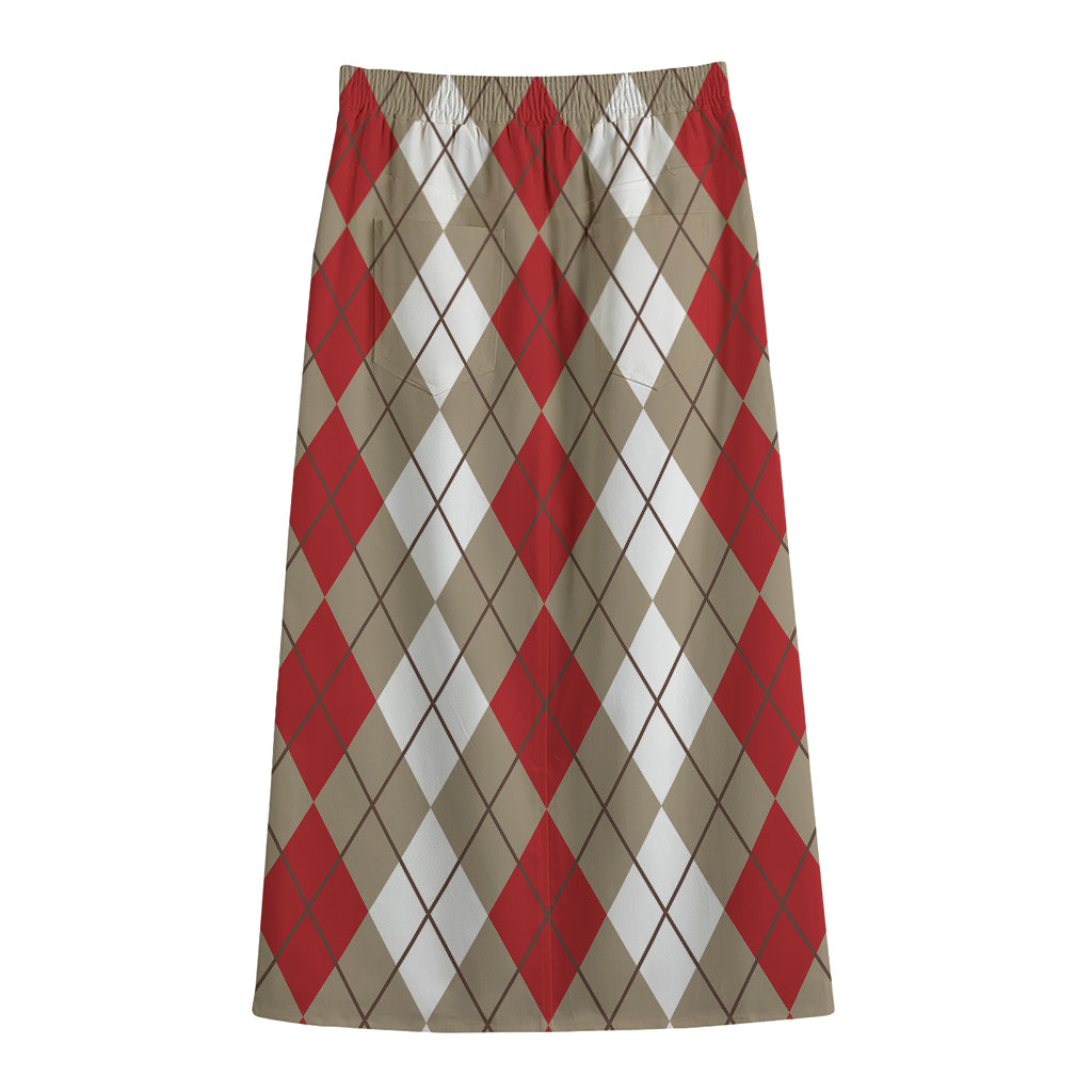 Red Beige And White Argyle Pattern Print Cotton Front Slit Maxi Skirt