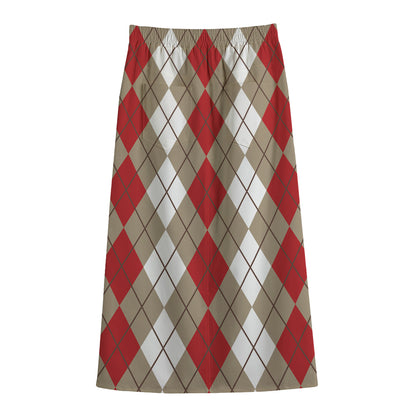 Red Beige And White Argyle Pattern Print Cotton Front Slit Maxi Skirt