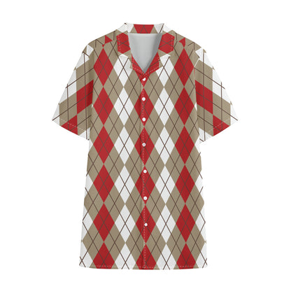 Red Beige And White Argyle Pattern Print Cotton Hawaiian Shirt