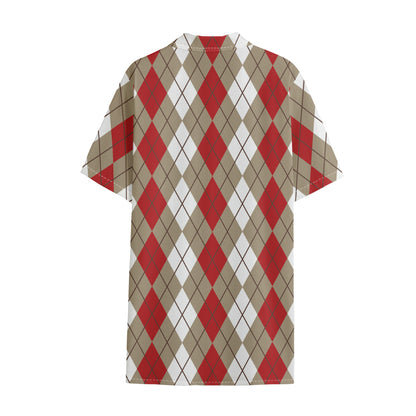 Red Beige And White Argyle Pattern Print Cotton Hawaiian Shirt