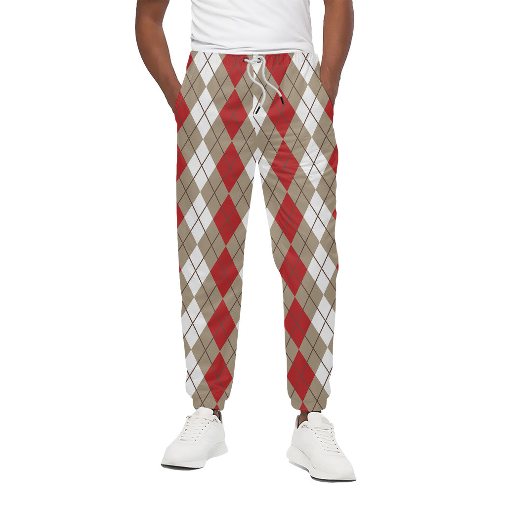 Red Beige And White Argyle Pattern Print Cotton Pants