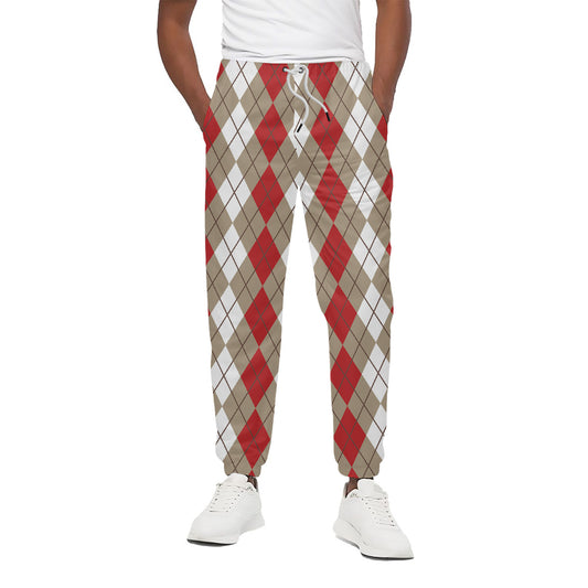 Red Beige And White Argyle Pattern Print Cotton Pants
