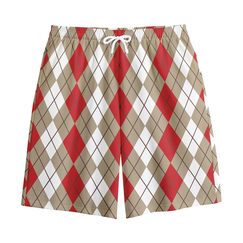 Red Beige And White Argyle Pattern Print Cotton Shorts
