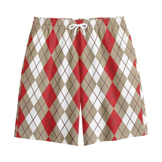 Red Beige And White Argyle Pattern Print Cotton Shorts