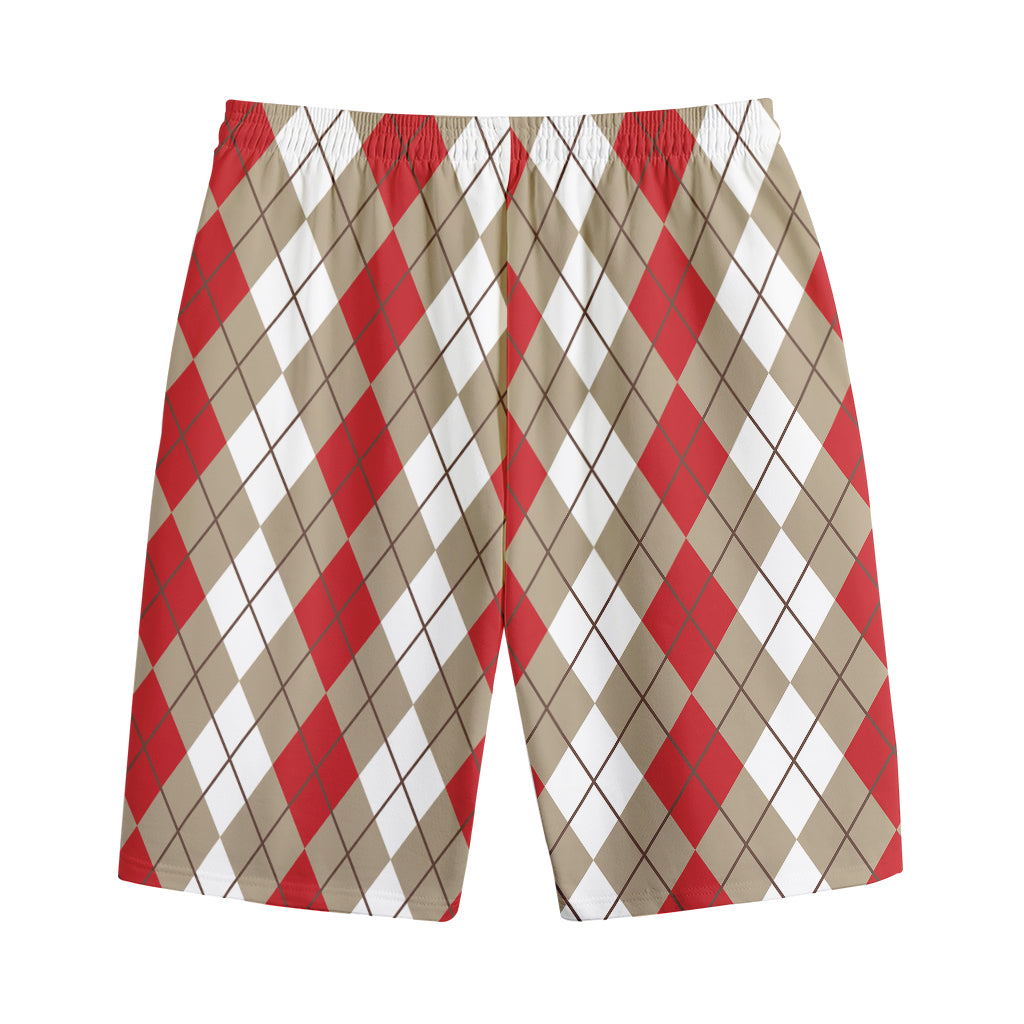 Red Beige And White Argyle Pattern Print Cotton Shorts