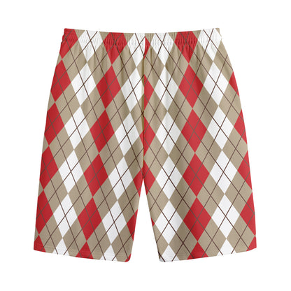 Red Beige And White Argyle Pattern Print Cotton Shorts