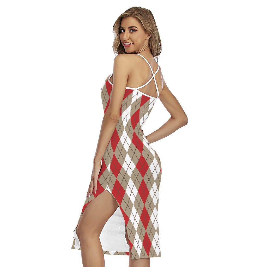 Red Beige And White Argyle Pattern Print Cross Back Cami Dress