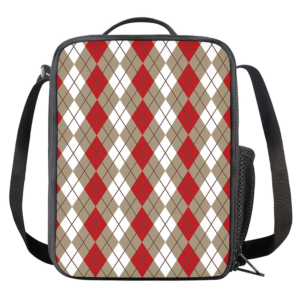 Red Beige And White Argyle Pattern Print Crossbody Lunch Bag