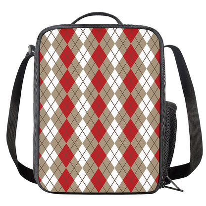 Red Beige And White Argyle Pattern Print Crossbody Lunch Bag