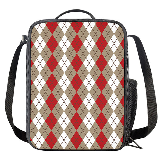 Red Beige And White Argyle Pattern Print Crossbody Lunch Bag