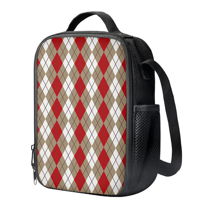 Red Beige And White Argyle Pattern Print Crossbody Lunch Bag