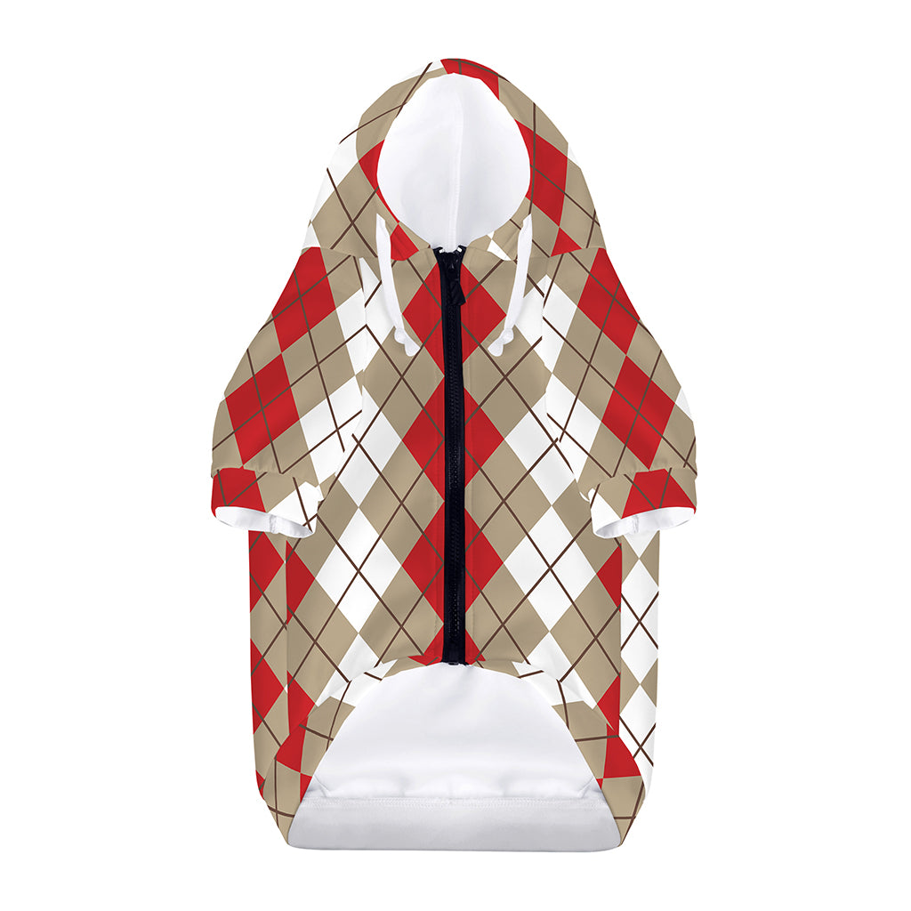 Red Beige And White Argyle Pattern Print Dog Zip Up Hoodie