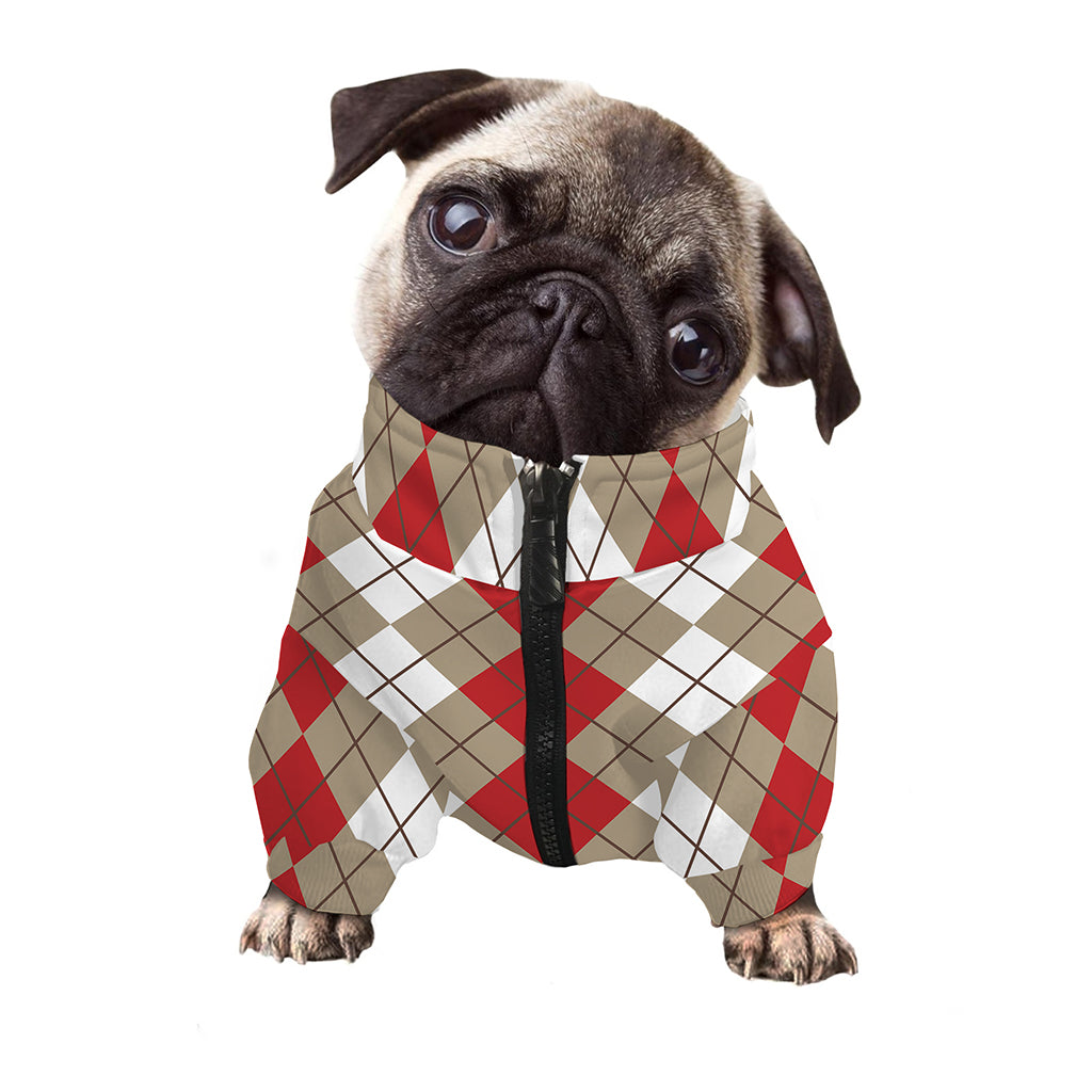 Red Beige And White Argyle Pattern Print Dog Zip Up Jacket