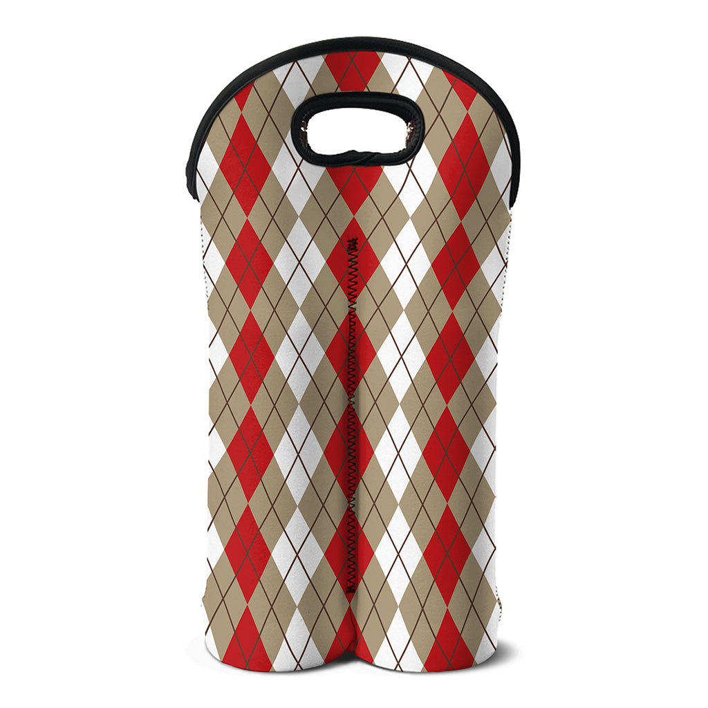 Red Beige And White Argyle Pattern Print Double Neoprene Wine Tote
