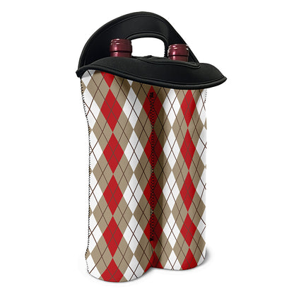 Red Beige And White Argyle Pattern Print Double Neoprene Wine Tote