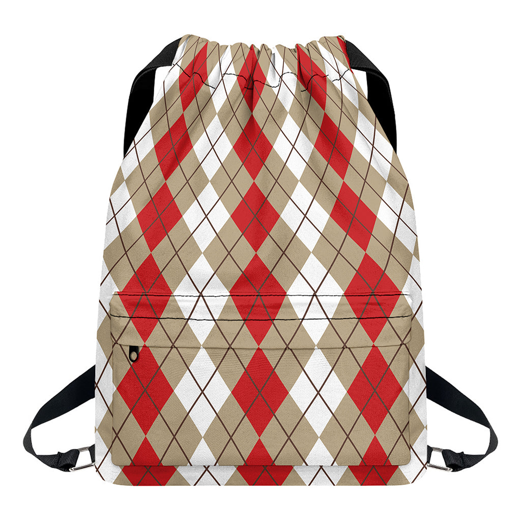 Red Beige And White Argyle Pattern Print Drawstring Backpack
