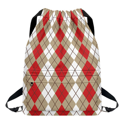 Red Beige And White Argyle Pattern Print Drawstring Backpack