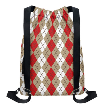 Red Beige And White Argyle Pattern Print Drawstring Backpack