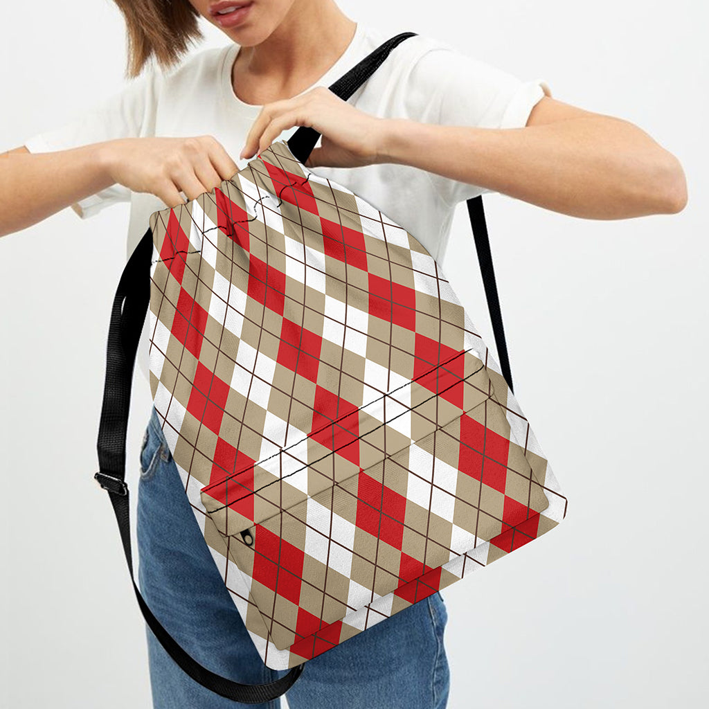 Red Beige And White Argyle Pattern Print Drawstring Backpack