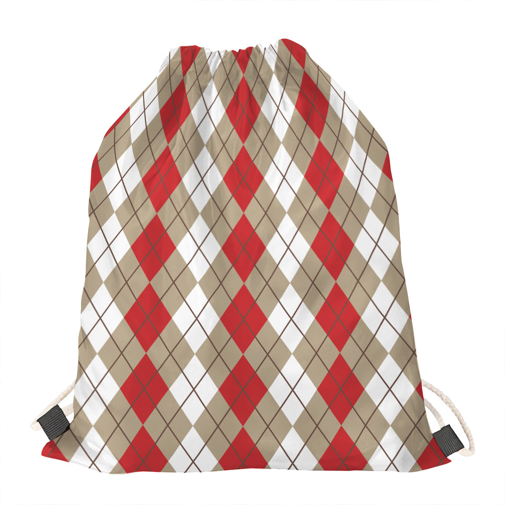 Red Beige And White Argyle Pattern Print Drawstring Bag