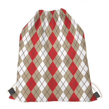 Red Beige And White Argyle Pattern Print Drawstring Bag