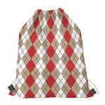 Red Beige And White Argyle Pattern Print Drawstring Bag