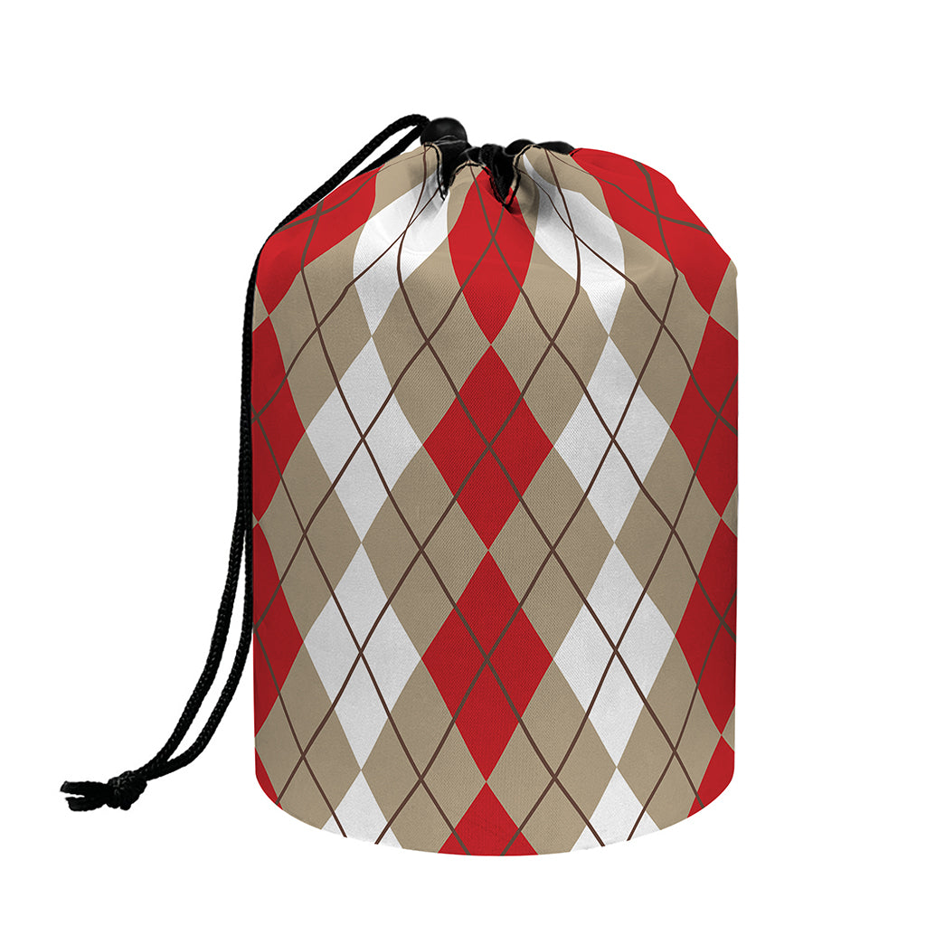 Red Beige And White Argyle Pattern Print Drawstring Makeup Bag