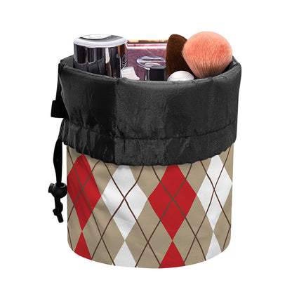 Red Beige And White Argyle Pattern Print Drawstring Makeup Bag