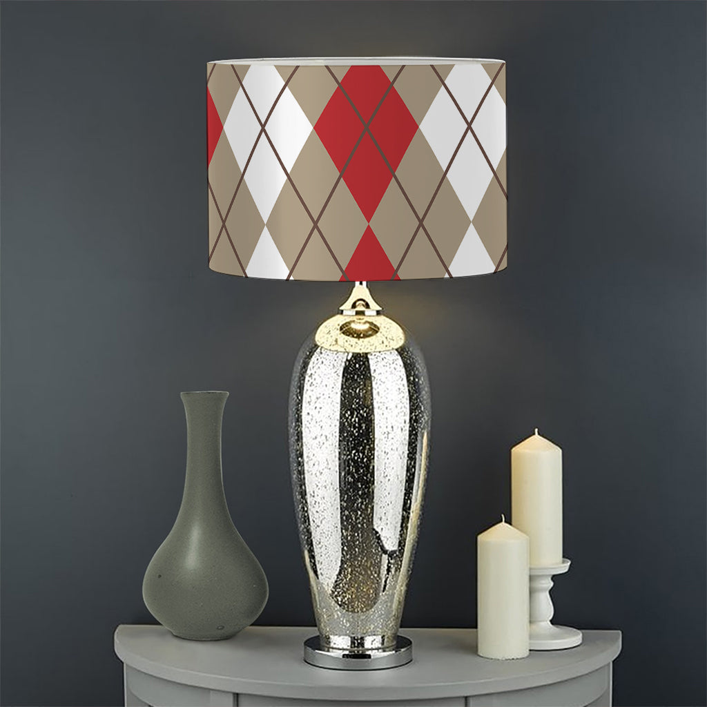Red Beige And White Argyle Pattern Print Drum Lamp Shade