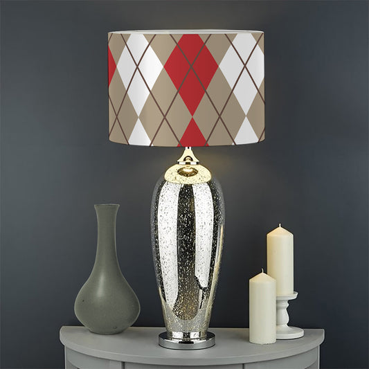 Red Beige And White Argyle Pattern Print Drum Lamp Shade