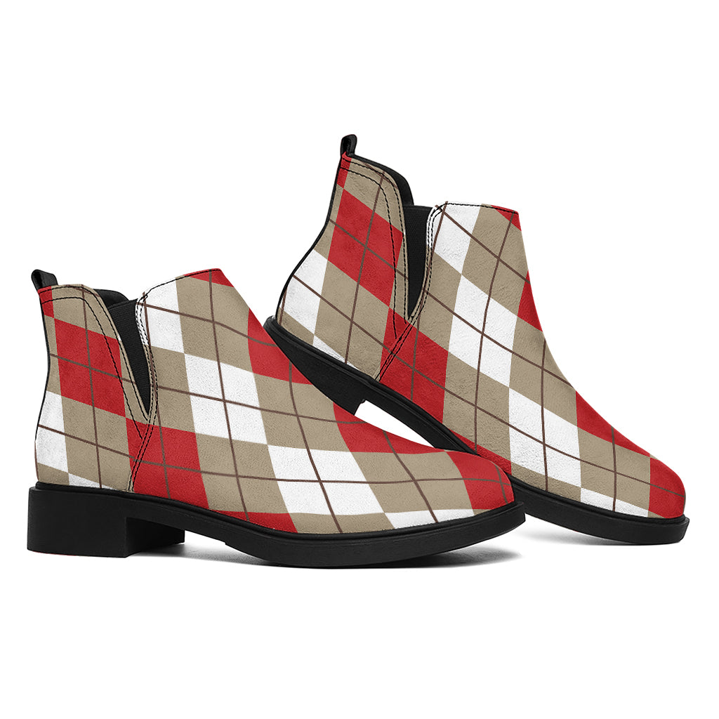 Red Beige And White Argyle Pattern Print Flat Ankle Boots