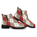 Red Beige And White Argyle Pattern Print Flat Ankle Boots