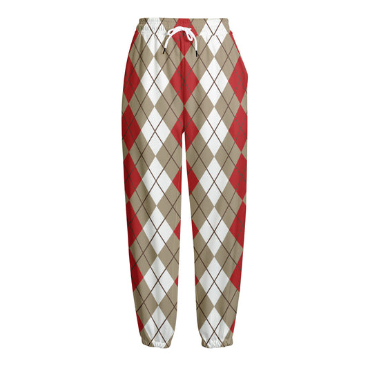 Red Beige And White Argyle Pattern Print Fleece Lined Knit Pants