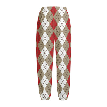 Red Beige And White Argyle Pattern Print Fleece Lined Knit Pants