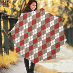 Red Beige And White Argyle Pattern Print Foldable Umbrella