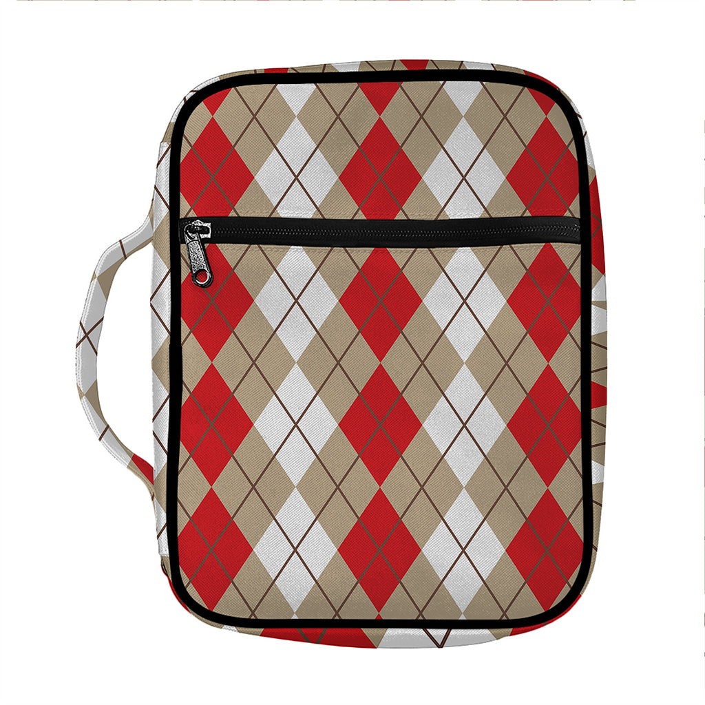 Red Beige And White Argyle Pattern Print Front Pocket Bible Bag