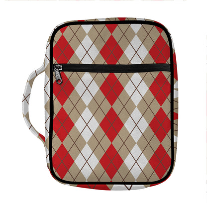 Red Beige And White Argyle Pattern Print Front Pocket Bible Bag