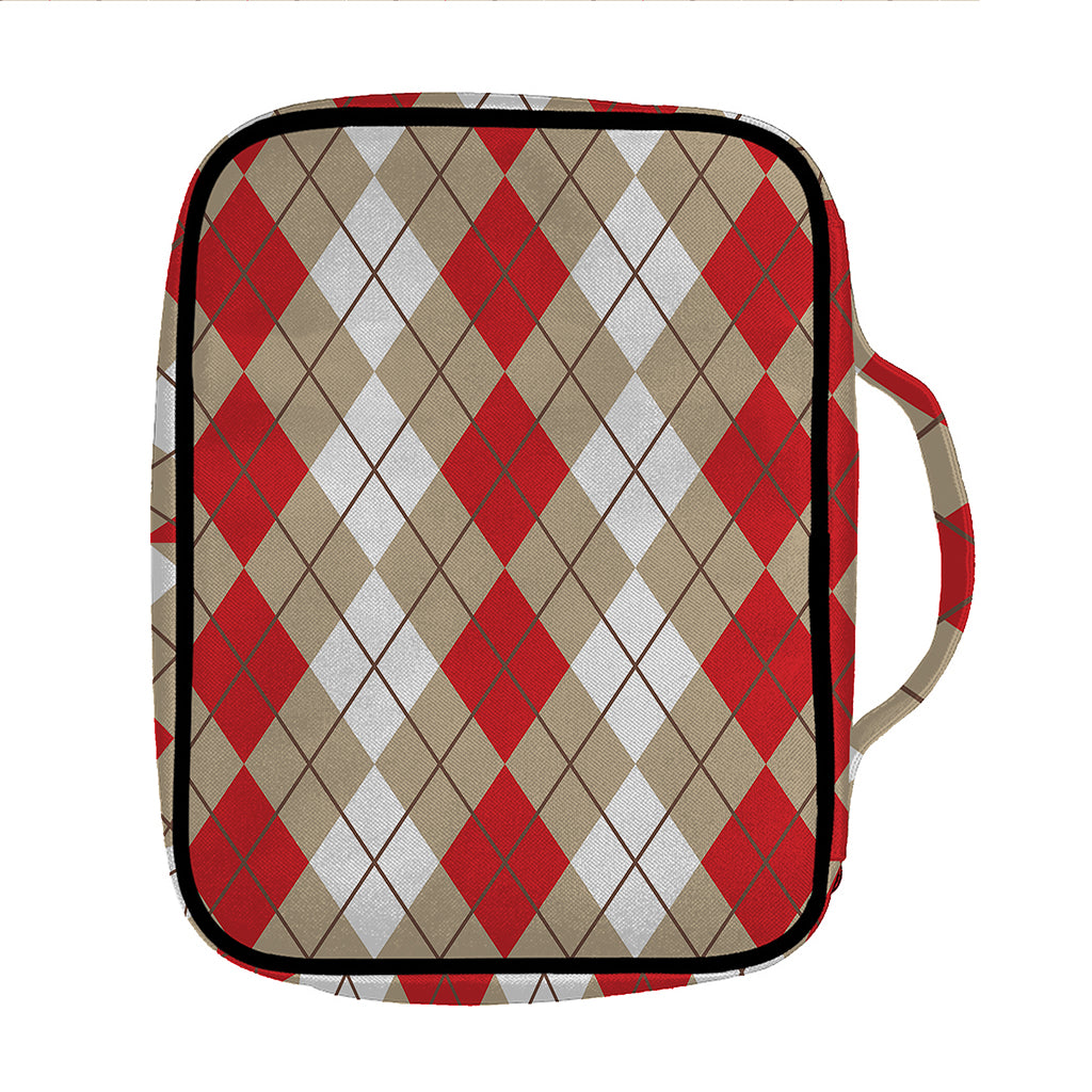 Red Beige And White Argyle Pattern Print Front Pocket Bible Bag
