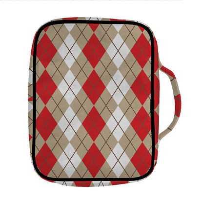Red Beige And White Argyle Pattern Print Front Pocket Bible Bag